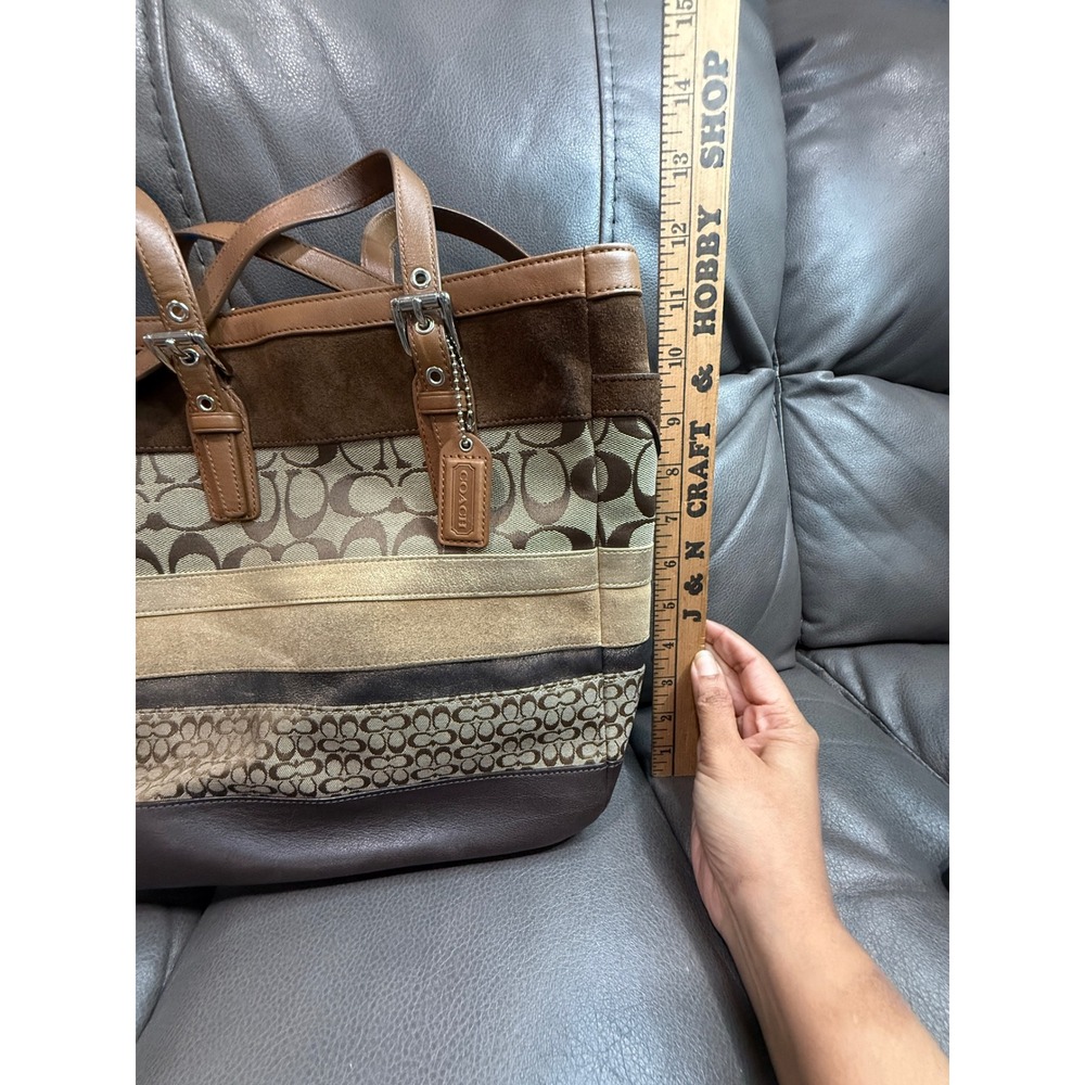 Coach Hampton Stripe Signature Jacquard Suede Leather Tote Bag Brown F11529 - Picture 3 of 8